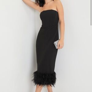 Lulu’s Fency Behavior Black Bustier Strapless Feather Midi Dress